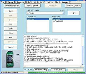 RT809H Emmc Nand Flash Programmer Bios Programmer - a successful chip verification process and a small inset photo of the green circuit board.