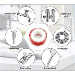 Rubber Water Pipe Faucet Waterproof Leakproof 10M Tape Random Color - a roll of red-cased tape surrounded by circular insets displaying plumbing fixtures and parts.