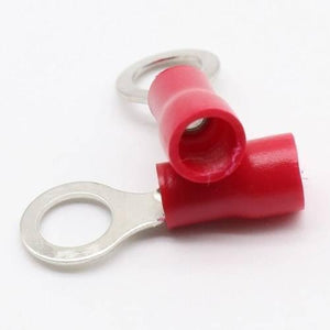 RV1.25-5 Insulated Crimp Ring Terminal Cable Wire Connector - two red insulated ring terminals with metal circular ends on a white background.
