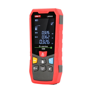 UNI-T LM50G green laser distance meter angled right view showing rubber grip