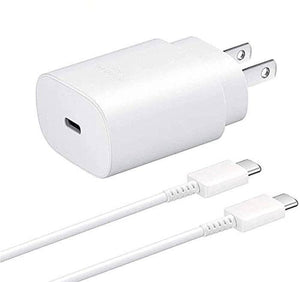 Samsung 25W Type c Fast Charger With Type c To Type c Cable - High Quality - a white wall adapter with a USB-C port and a white USB-C to USB-C cable.