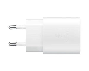 Samsung 25W Type c Fast Charger With Type c To Type c Cable - High Quality - a white, rectangular wall adapter with two round metal prongs and a visible Super Fast Charging logo on its side.