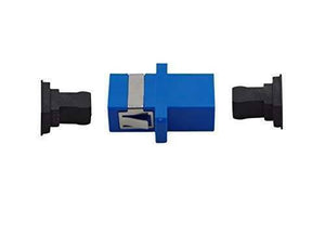 Sc Upc Adapter Connector Simplex Single Mode Plastic Fiber Optic Adapter/connector - shown with two black protective caps removed from its ports.