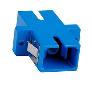 Sc Upc Adapter Connector Simplex Single Mode Plastic Fiber Optic Adapter/connector - a blue plastic simplex single-mode fiber optic adapter with a metal mounting clip.