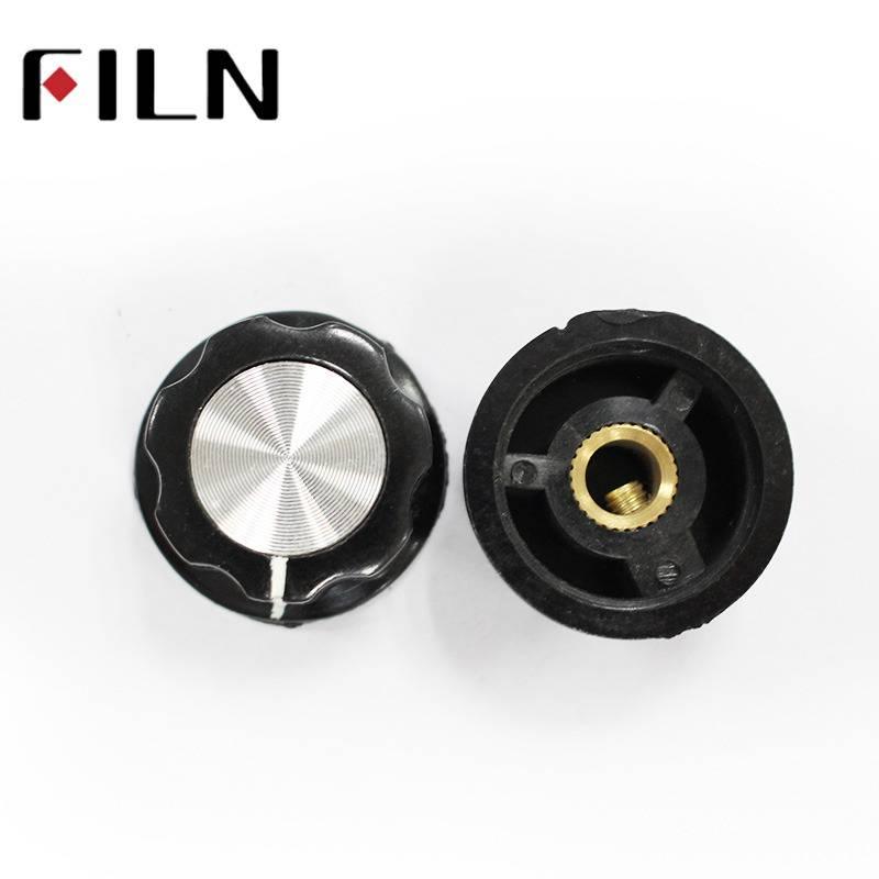Screw Type Tightening Knob For Potentiometer - two black plastic knobs with silver circular tops, one viewed from the front and one from the back.