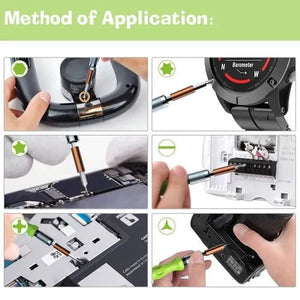 Screwdriver Repair Tool kit Mini Set for Opening and repairing Mobiles-7389C-32PCS - a collage of six close-up images demonstrating the tool being used on various electronic devices.