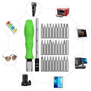 Screwdriver Repair Tool kit Mini Set for Opening and repairing Mobiles-7389C-32PCS - a green handle, an extension bar, and 30 assorted screwdriver bits.