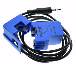 Sct-013-050 50A Non-invasive AC Current Sensor Split-core Current Transformer For Arduino Raspberry Pi - a blue split-core transformer with a black cable ending in a 3.5mm audio jack connector.