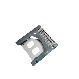 SD memory card slot card - a close-up view of a dark grey plastic card connector featuring multiple metallic contact pins and a silver metal mounting bracket.