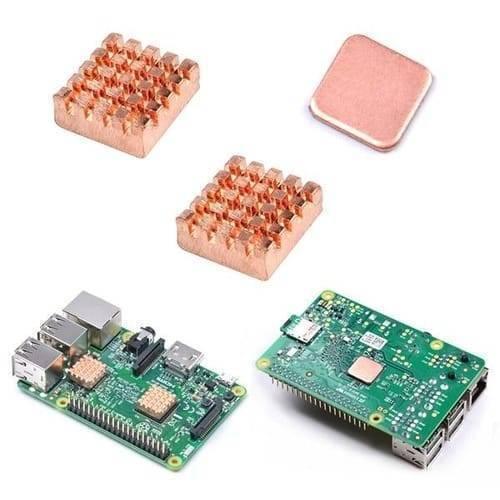 Self Adhesive Pure Copper Heat Sink For Raspberry Pi 3 Pi 3 B+ - shown as a set of three copper heatsinks and two Raspberry Pi boards with heatsinks attached.