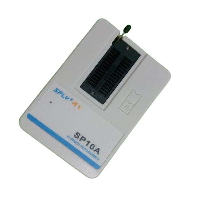 SFLY EPROM Bios Flash Isp USB Programmer SP10-A - a white, rectangular device featuring a black ZIF socket and a small green lever on the top edge.