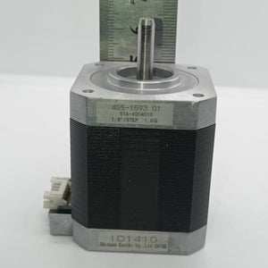 Shinano Kenshi STP-42D4042 2A 1.8 Degree Per Step 0.53nm Stepper Motor - a silver metal shaft, a black body with a label reading 4G5-1593 01, and a white electrical connector on the side.