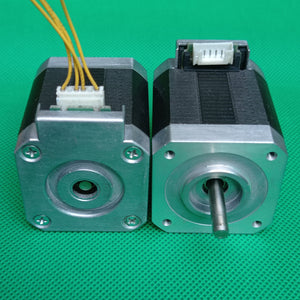Shinano Kenshi STP-42D4042 2A 1.8 Degree Per Step 0.53nm Stepper Motor - two silver and black square-bodied units with white 4-pin connectors and one protruding metal shaft.