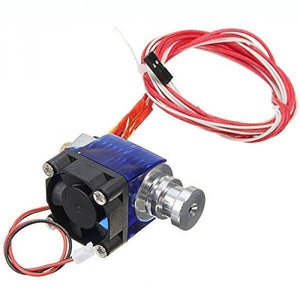 Short Distance V6 j Head All Metal Hooted Extruder With Cooling Fan For 1.75/3mm 12V 0.4mm Nozzle - blue housing, a black cooling fan, a silver metal nozzle, and attached red and white wires.