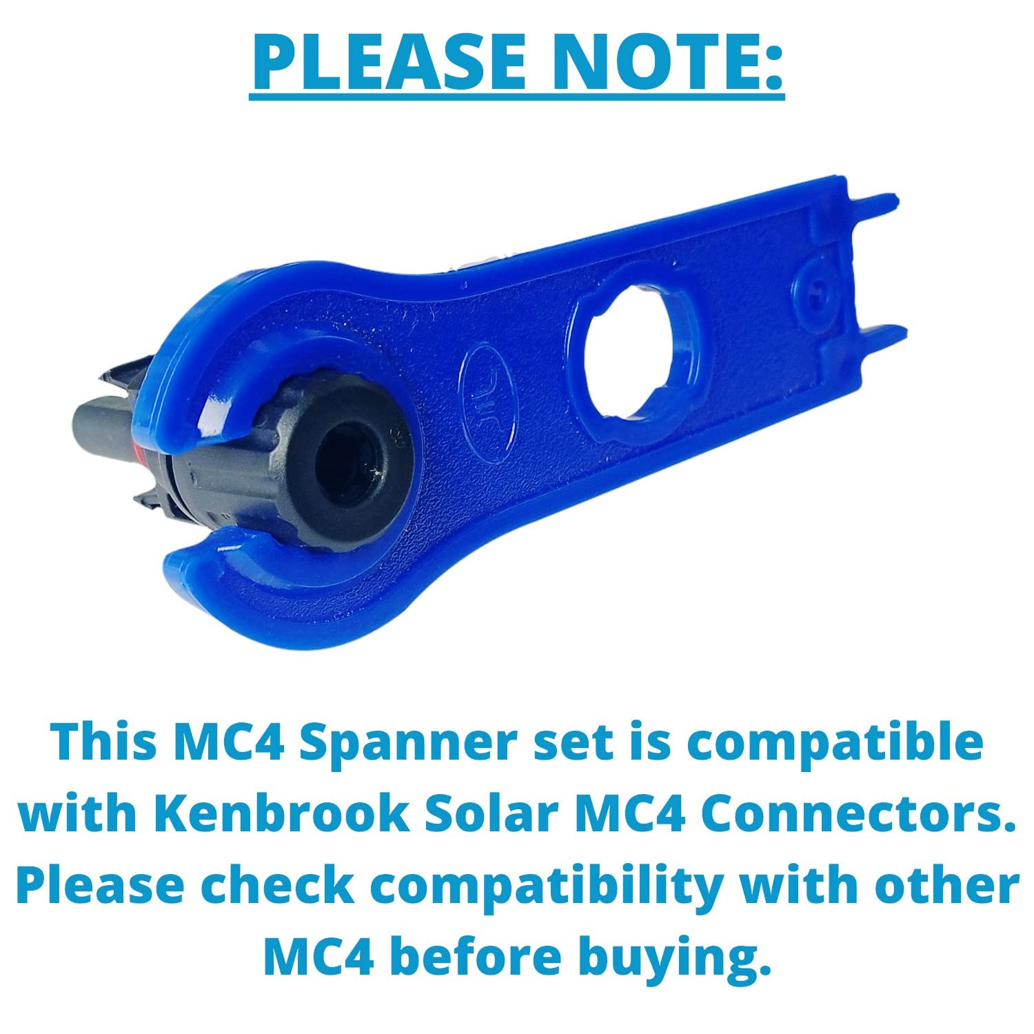 Single Piece Solar MC4 Spanner Wrench Tool for Connect & Disconnect Solar Connector - a blue plastic spanner shown engaging a black MC4 solar connector, with text overlay regarding compatibility.