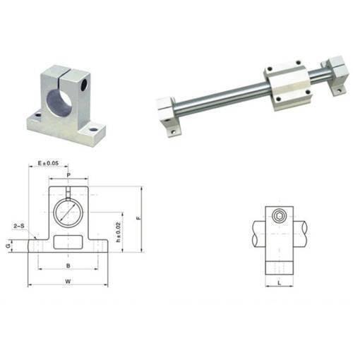 SK8 Sh8a 8mm Linear Rail Shaft Support Xyz Table 3d Printer CNC Mount Rod Holder - shown individually, assembled on a rail, and as a technical dimension diagram.