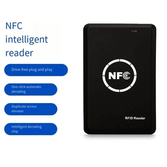 Smart Card Reader AND WRITER Recorder RFID IC Copier, NFC Duplicator, 13.56MHz - a black rectangular NFC RFID reader with a white NFC logo, next to a list of four blue text boxes describing features.