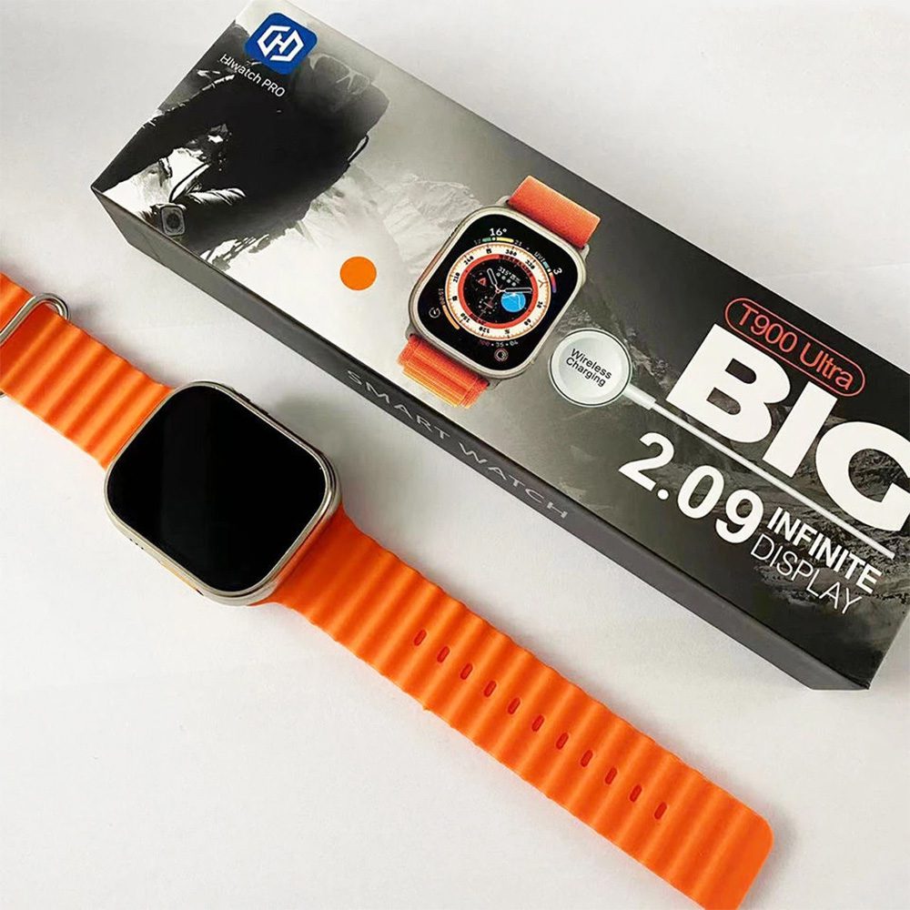 Smart Watch T900 Ultra 2.09 Inch Big Display Bluetooth Calling Series 8 With All Sports Features & Health Tracker - Smart Watch Ultra Infinite Display - with an orange ribbed silicone strap placed next to its product packaging box featuring an image of the watch.