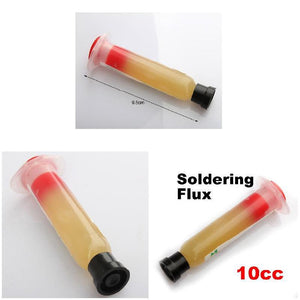 SMD Soldering Paste Flux Grease SMT IC 10CC Repair Tool Solder - shown in three views as a translucent yellow paste inside a clear syringe with a red plunger and black cap.