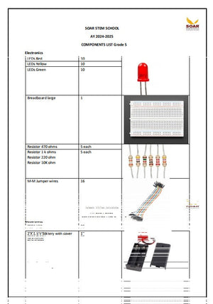Soar STEM school AY 2024-25 Component list for Grade 5 - a document listing electronics parts alongside photos of an LED, breadboard, resistors, and battery holder.