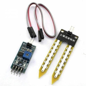 Soil Moisture Sensor For Arduino - a blue circuit board with a potentiometer and pins, a yellow fork-shaped probe, and a two-wire jumper cable.
