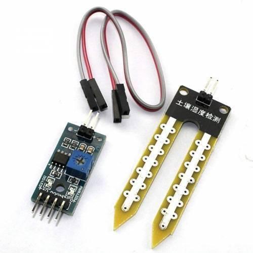 Soil Moisture Sensor For Arduino - a blue circuit board with a potentiometer and pins, a yellow fork-shaped probe, and a two-wire jumper cable.