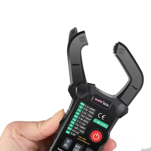 Solar Meter WinAPEX 8204 Digital Clamp Meter AC Ampare DC Ampare Meter Clamp meter - a black handheld device with a clamp jaw, a power button, and a screen displaying technical specifications.