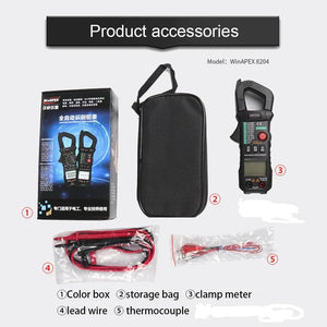 Solar Meter WinAPEX 8204 Digital Clamp Meter AC Ampare DC Ampare Meter Clamp meter - including a color box, black storage bag, red and black lead wires, and a thermocouple.