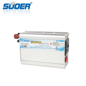 Solar Power Inverter Suoer 500 Watt 24V Original Sfa 500B - a silver rectangular power inverter with a red power switch, AC outlet, and USB port.