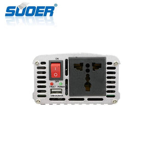 Solar Power Inverter Suoer 500 Watt 24V Original Sfa 500B - a silver metal housing with a red power switch, universal AC outlet, and a 5V/1A USB port.