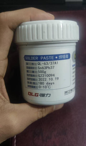 Soldering Flux Paste 500gram Soldering Tin Qlg Factory Solder Welding Rosin Flux SN63PB37 - shown in a white plastic jar with a label detailing the Sn63Pb37 alloy, production date, and storage specifications.
