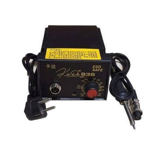 Soldering Iron Station Adjustable Temperature ESD Safe Kada 936 - a black unit with a temperature control knob, a soldering iron, and a power plug.
