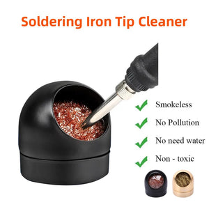 Soldering Iron Tip Cleaner Welding Head Cleaning Steel Wire Brush With Stand Holder For BGA Soldering Station - black stand holding a copper wire cleaning ball, featuring a soldering iron tip inserted and two small base options.