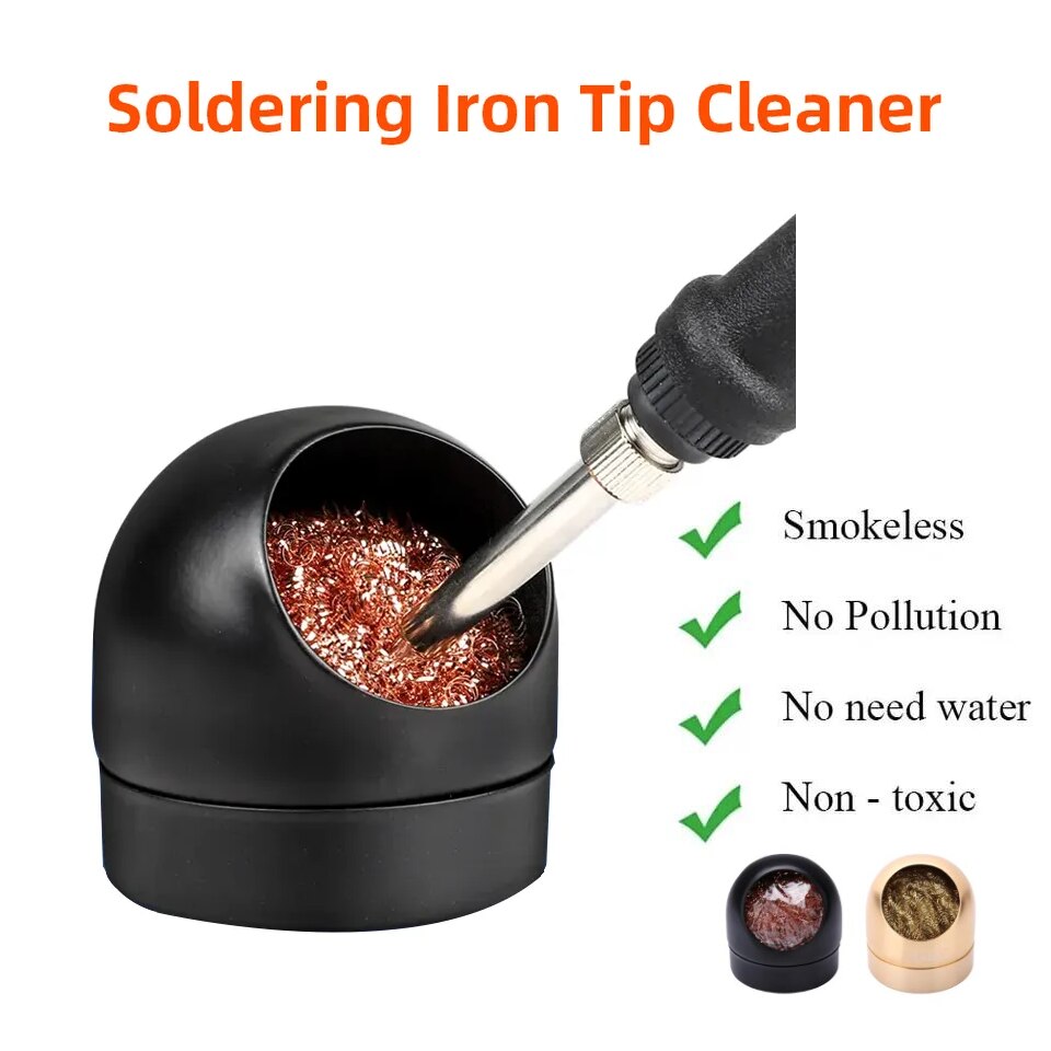 Soldering Iron Tip Cleaner Welding Head Cleaning Steel Wire Brush With Stand Holder For BGA Soldering Station - black stand holding a copper wire cleaning ball, featuring a soldering iron tip inserted and two small base options.
