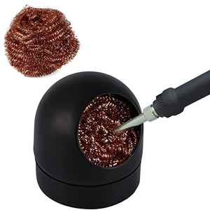 Soldering Iron Tip Cleaner Welding Head Cleaning Steel Wire Brush With Stand Holder For BGA Soldering Station - a black dome stand, copper wire ball, and soldering iron tip.