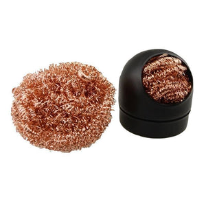Soldering Iron Tip Cleaner Welding Head Cleaning Steel Wire Brush With Stand Holder For BGA Soldering Station - copper-coloured steel wire ball and a black cylindrical metal stand holder.