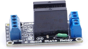 Solid State Relay Ssr Module 2 Channel For Arduino - a black circuit board with two Omron relays, two blue terminal blocks, and input pins.