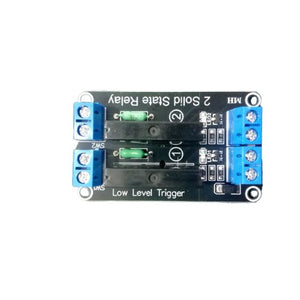 Solid State Relay Ssr Module 2 Channel For Arduino - a black rectangular circuit board with two blue screw terminals on each side and two relays.