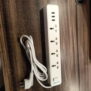Speed X403PU Premium Portable Power Strip 4socket 3usb Port - a white power strip with four universal sockets, three USB ports, a power switch, and a power cord.