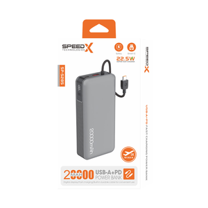 SpeedX SP-S285 22.5W 20000mAh Super Fast Charging Power Bank - a grey unit with a built-in cable, USB ports, and a digital display reading 100.
