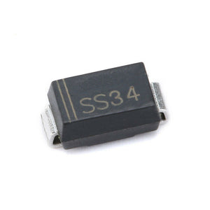 SS34 SMA 40V/3A Schottky Diode SMD - a small black rectangular SMD electronic component with silver metal terminals on each end and the text SS34 printed on top.