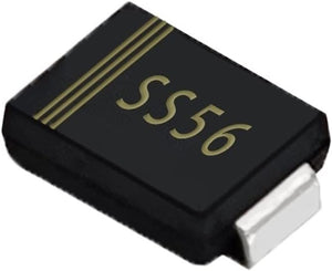 SS56 SMD 5A 60V DO-214AA Schottky Diode - a black rectangular SMD component with metallic ends and the text "SS56" printed on its top surface.