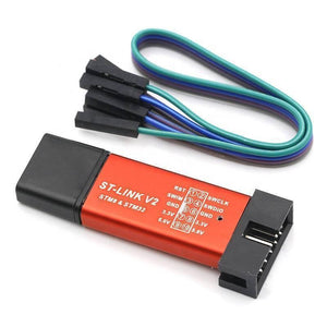 St-link V2 St Link V2 Stlink V2 Programmer - red metal casing with a black USB cap, a 10-pin connector, and a set of four multi-colored jumper wires.