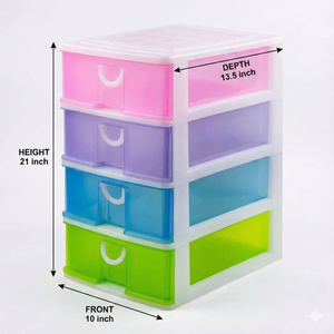Stackable 5 Drawers Layers Set Shoe Makeup Jewelry Storage Organizer Boxes Plastic Cabinets Racks Delivery in Lahore Only - a four-tier plastic storage organizer with pink, purple, blue, and green drawers, shown with height, depth, and width labels.