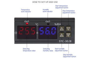 STC-3028 Temperature Control 12V Digital Display Temperature and Humidity Controller Meter with Integrated Sensor - a black rectangular unit with two digital displays reading 25.5 and 56.0 and four control buttons.