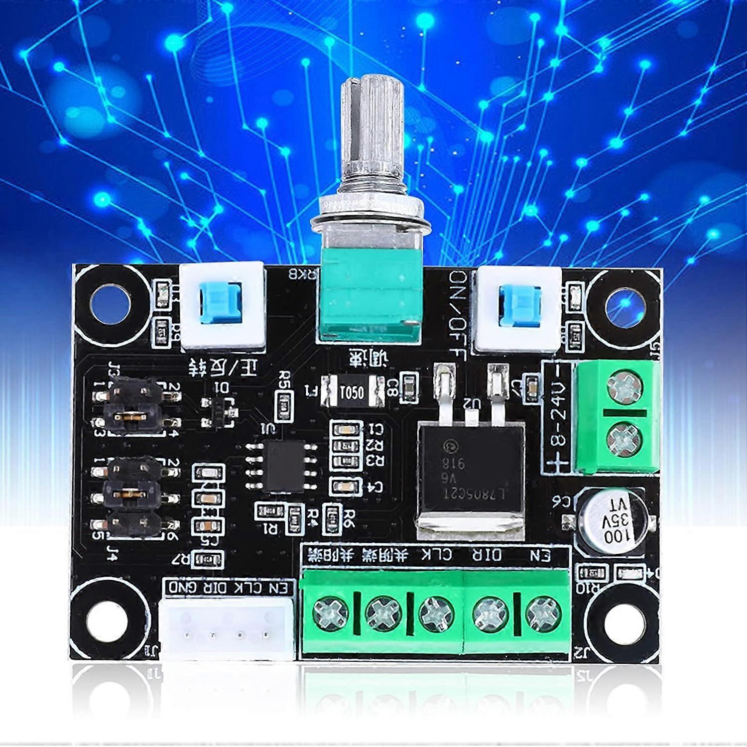 Stepper Motor Driver Signal Generator 8V To 24V - a black circuit board with a central potentiometer, two blue push buttons, and green screw terminals.