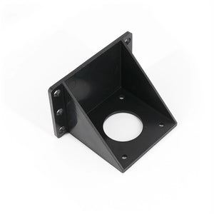 Stepper Motor Mounting Bracket Mount Plate L-shape for 3D Printer - a black L-shaped plastic mounting plate with a large center hole and several smaller screw holes on both sides.