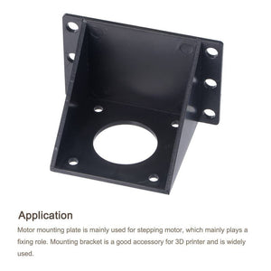 Stepper Motor Mounting Bracket Mount Plate L-shape for 3D Printer - an L-shaped black metal plate featuring a large circular center hole and multiple mounting holes on both sides.