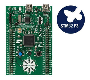 Stm Discovery Kit STM32F3 STM32F303VC With Programming Cable - a green rectangular development board with a central microcontroller, user and reset buttons, and LED indicators.