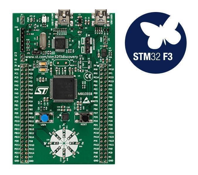 Stm Discovery Kit STM32F3 STM32F303VC With Programming Cable - a green rectangular development board with a central microcontroller, user and reset buttons, and LED indicators.